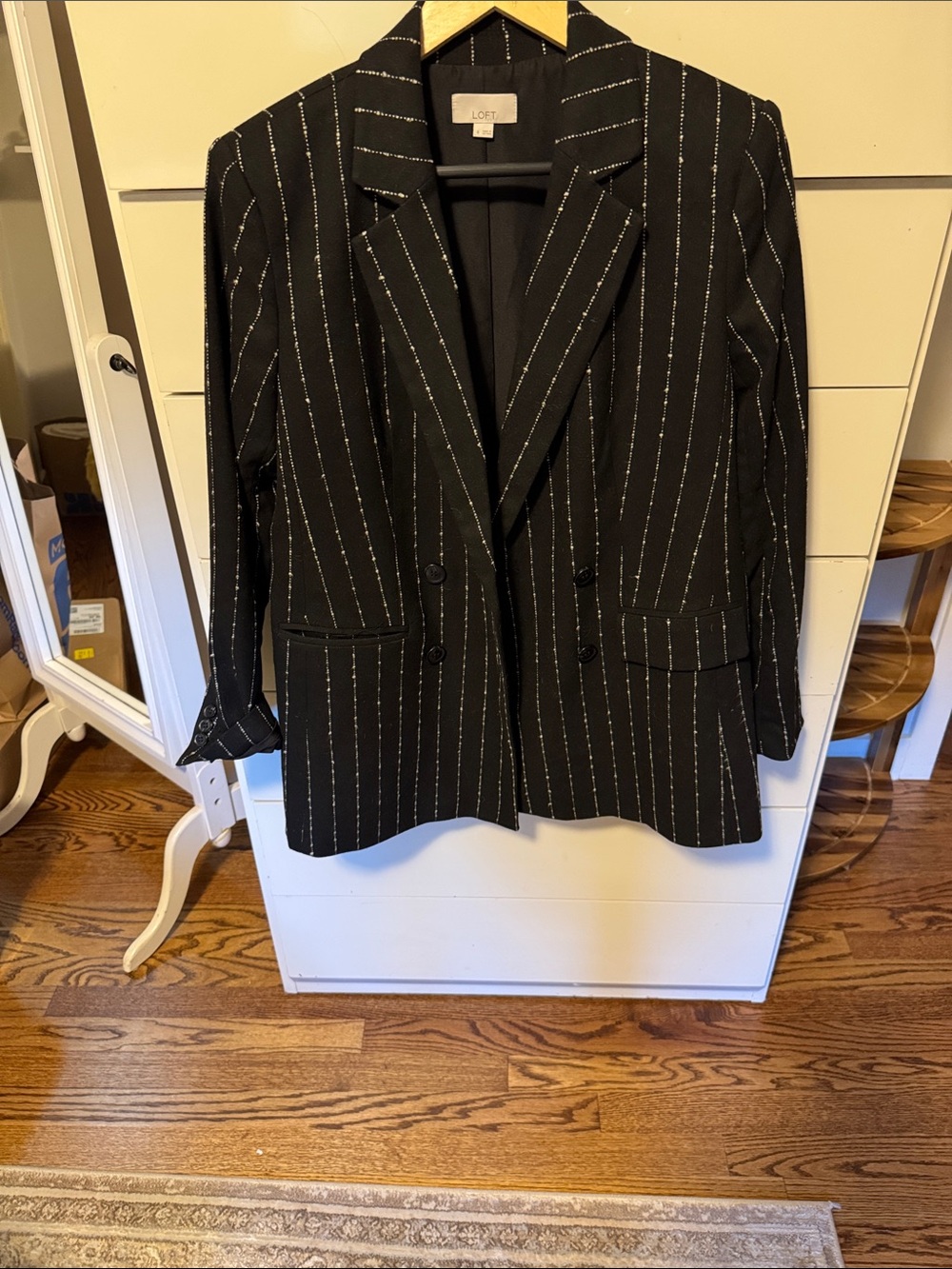 LOFT Black Pinstripe Double-Breasted Suit Jacket